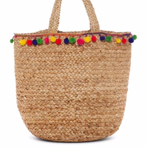 Shiraleah Santana Pom Pom Jute Tote Beach Bag Large Open Top Double Handles - Picture 1 of 8